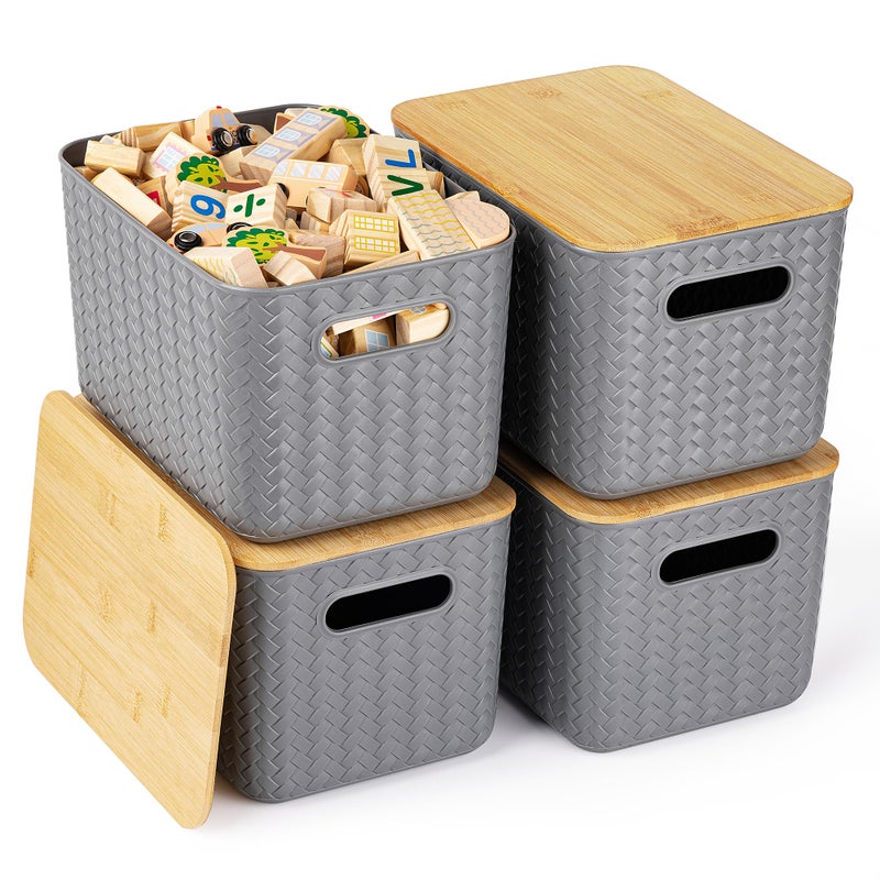 Ohmlove 4 Packs Storage Bins with Bamboo Lids - Plastic Storage Containers with Lids Stackable Storage Box:Storage Baskets for Organizing Desktop Closet Playroom Classroom Office Gray - Image 1